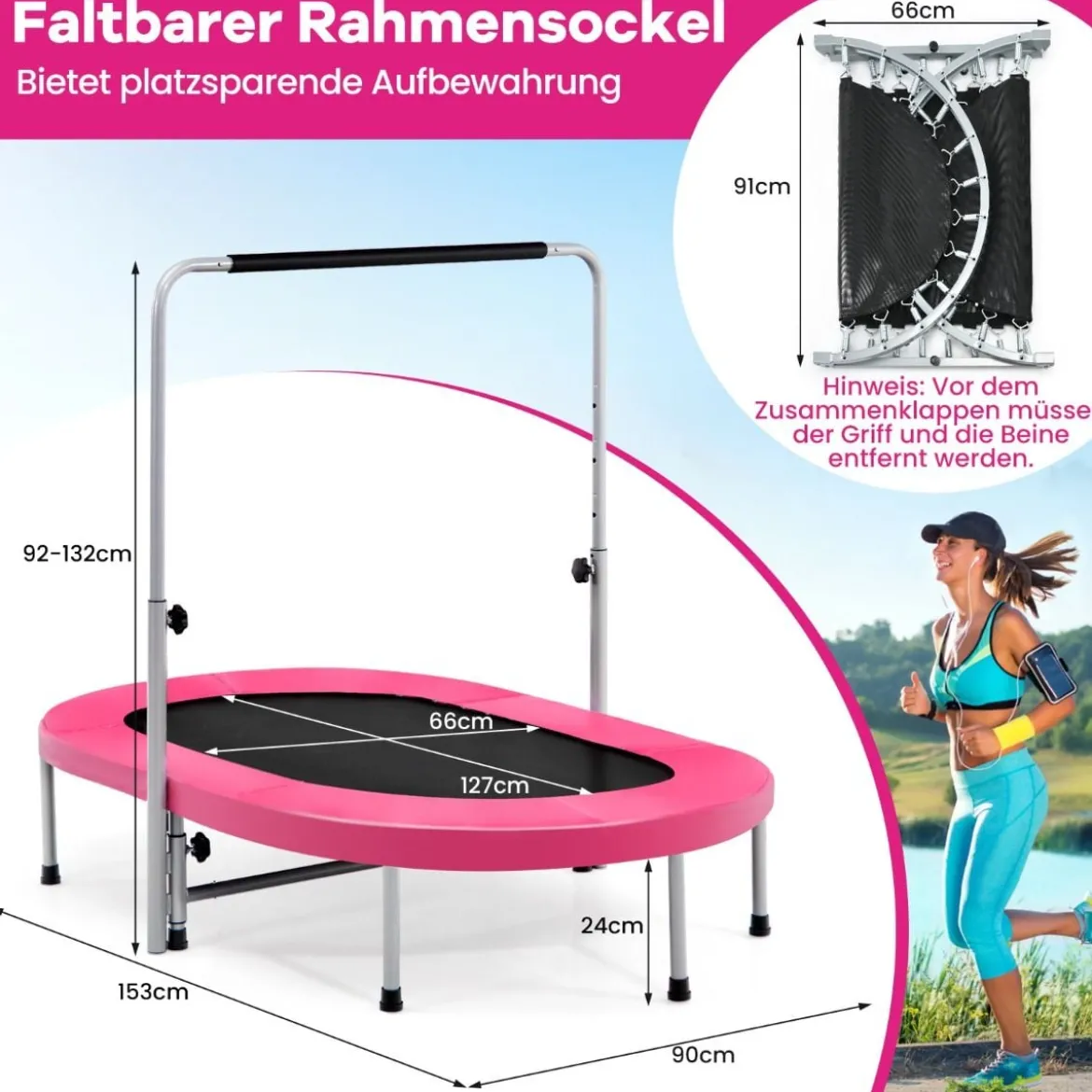 2 Personen Trampolin mit Höhenverstellbarm Haltegriff Mini Trampolin 154 x 90 x 92 -132 cm Rosa