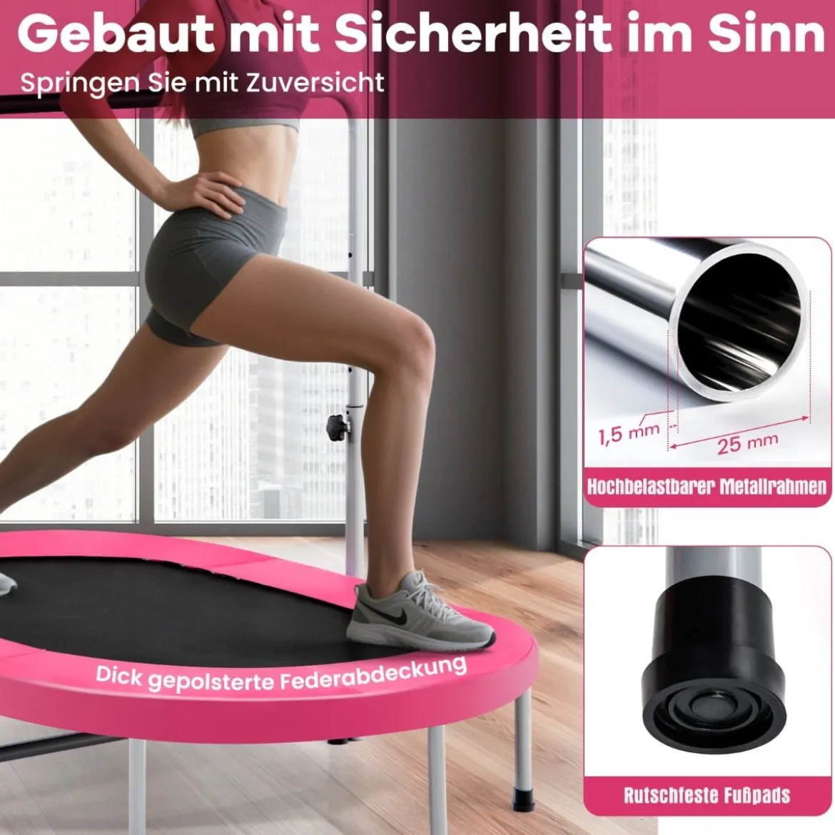 2 Personen Trampolin mit Höhenverstellbarm Haltegriff Mini Trampolin 154 x 90 x 92 -132 cm Rosa