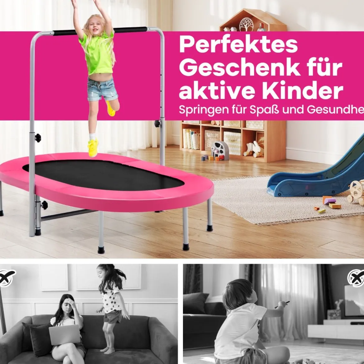 2 Personen Trampolin mit Höhenverstellbarm Haltegriff Mini Trampolin 154 x 90 x 92 -132 cm Rosa