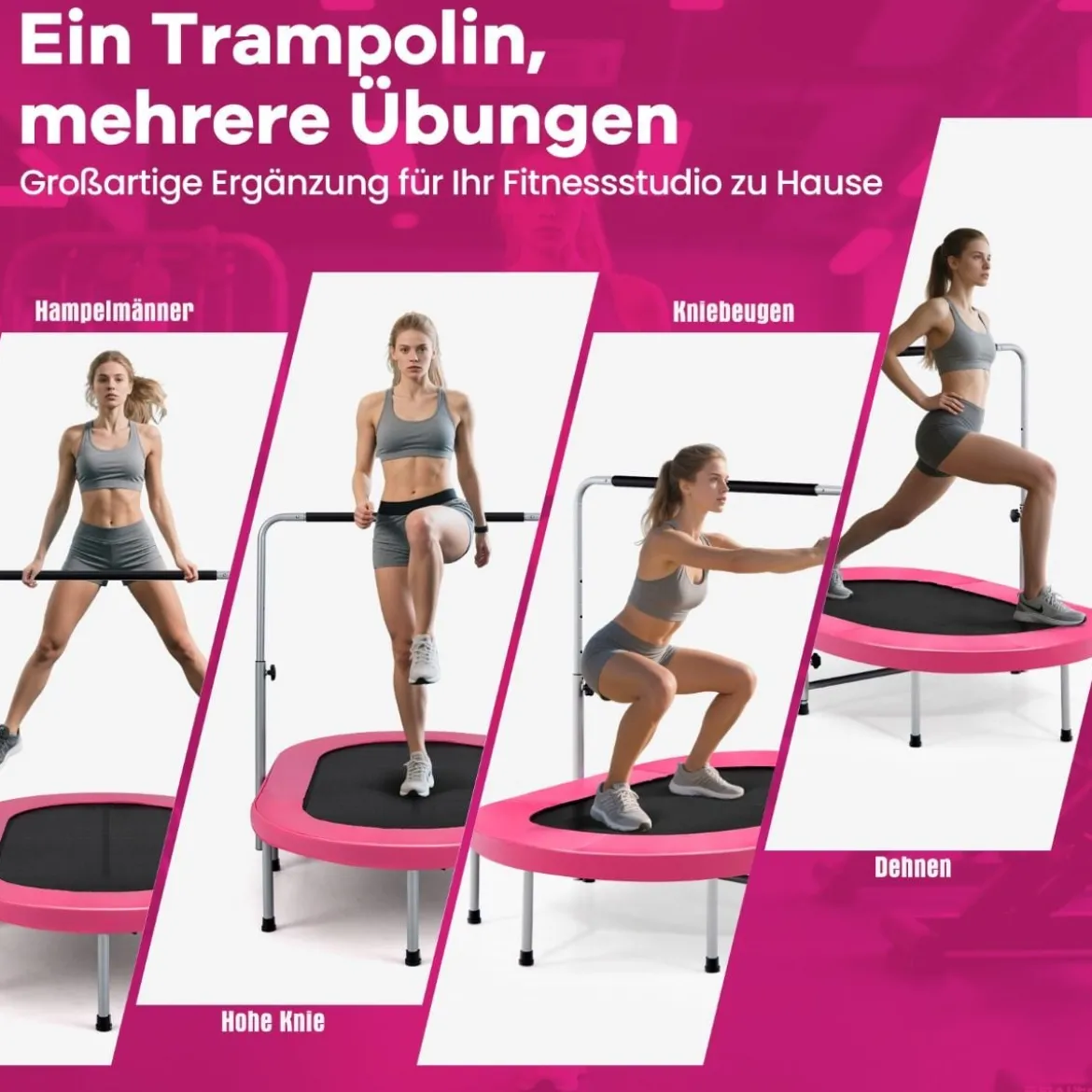 2 Personen Trampolin mit Höhenverstellbarm Haltegriff Mini Trampolin 154 x 90 x 92 -132 cm Rosa