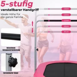 2 Personen Trampolin mit Höhenverstellbarm Haltegriff Mini Trampolin 154 x 90 x 92 -132 cm Rosa