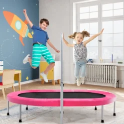 2 Personen Trampolin mit Höhenverstellbarm Haltegriff Mini Trampolin 154 x 90 x 92 -132 cm Rosa
