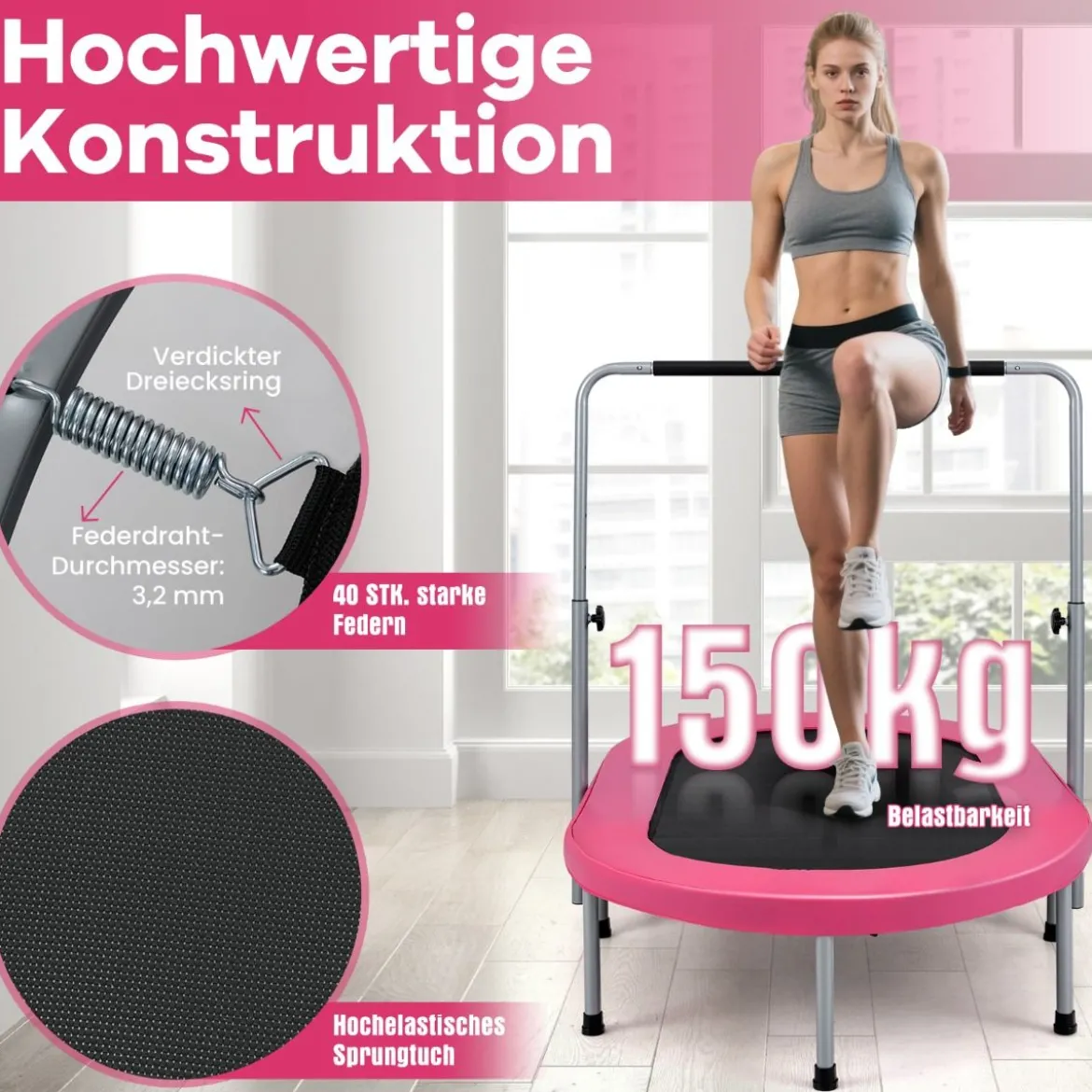 2 Personen Trampolin mit Höhenverstellbarm Haltegriff Mini Trampolin 154 x 90 x 92 -132 cm Rosa