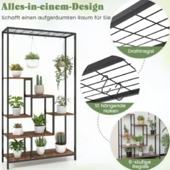 Pflanzenständer 6 Etagen 180 cm Pflanzenregal Metall mit 10 S-Haken Schwarz/Rustikales Braun