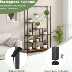 Pflanzenständer 6 Etagen 180 cm Pflanzenregal Metall mit 10 S-Haken Schwarz/Rustikales Braun