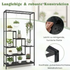 Pflanzenständer 6 Etagen 180 cm Pflanzenregal Metall mit 10 S-Haken Schwarz/Rustikales Braun