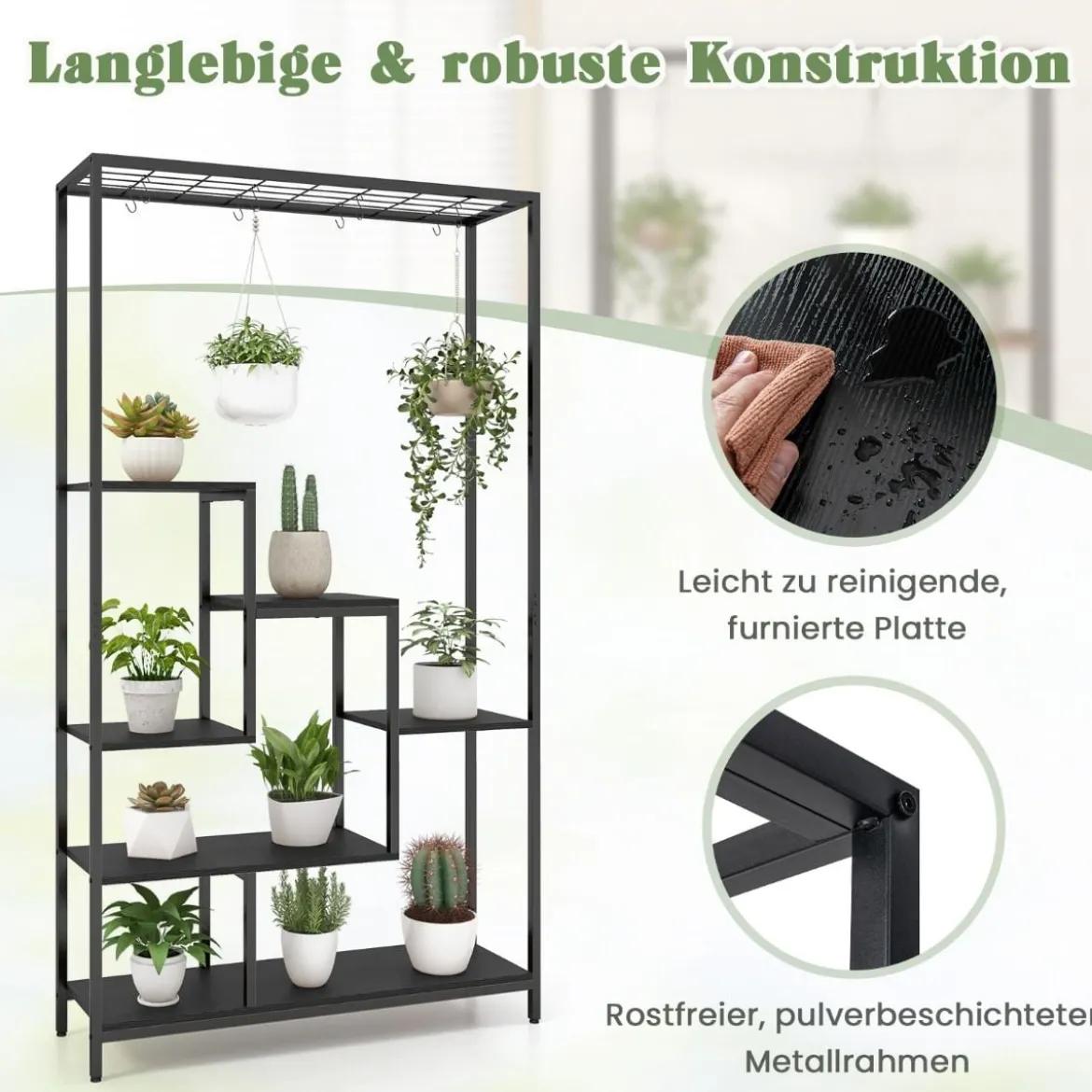 Pflanzenständer 6 Etagen 180 cm Pflanzenregal Metall mit 10 S-Haken Schwarz/Rustikales Braun