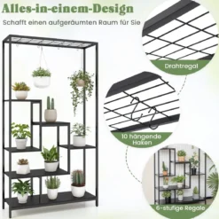 Pflanzenständer 6 Etagen 180 cm Pflanzenregal Metall mit 10 S-Haken Schwarz/Rustikales Braun