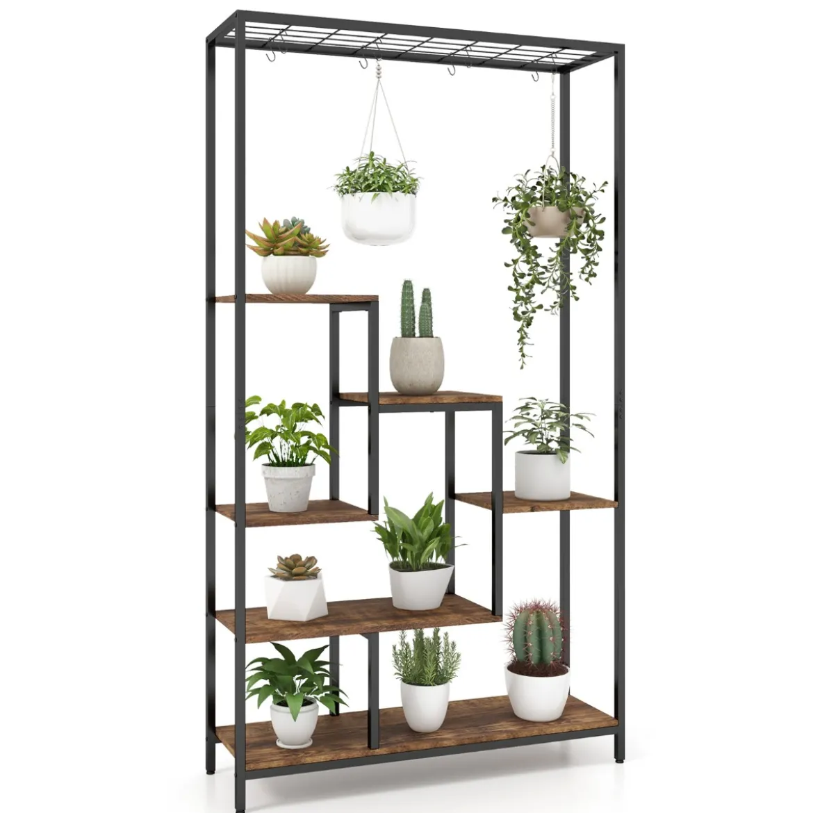Pflanzenständer 6 Etagen 180 cm Pflanzenregal Metall mit 10 S-Haken Schwarz/Rustikales Braun