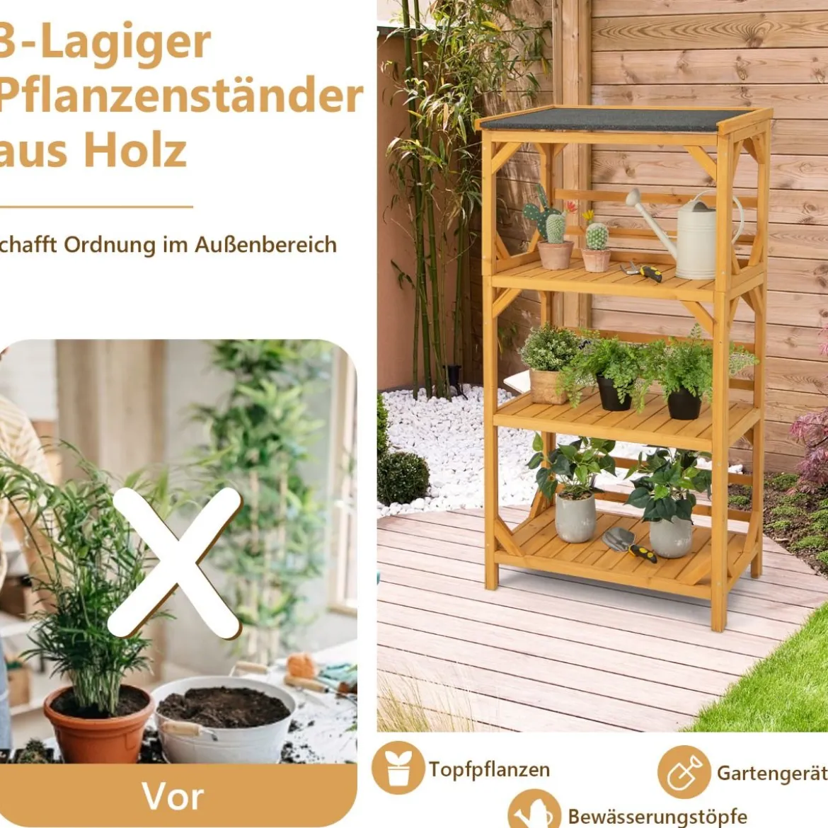 Pflanzenständer 3 Etagen Pflanzenregal Holz 70 x 49 x 137 cm Natur