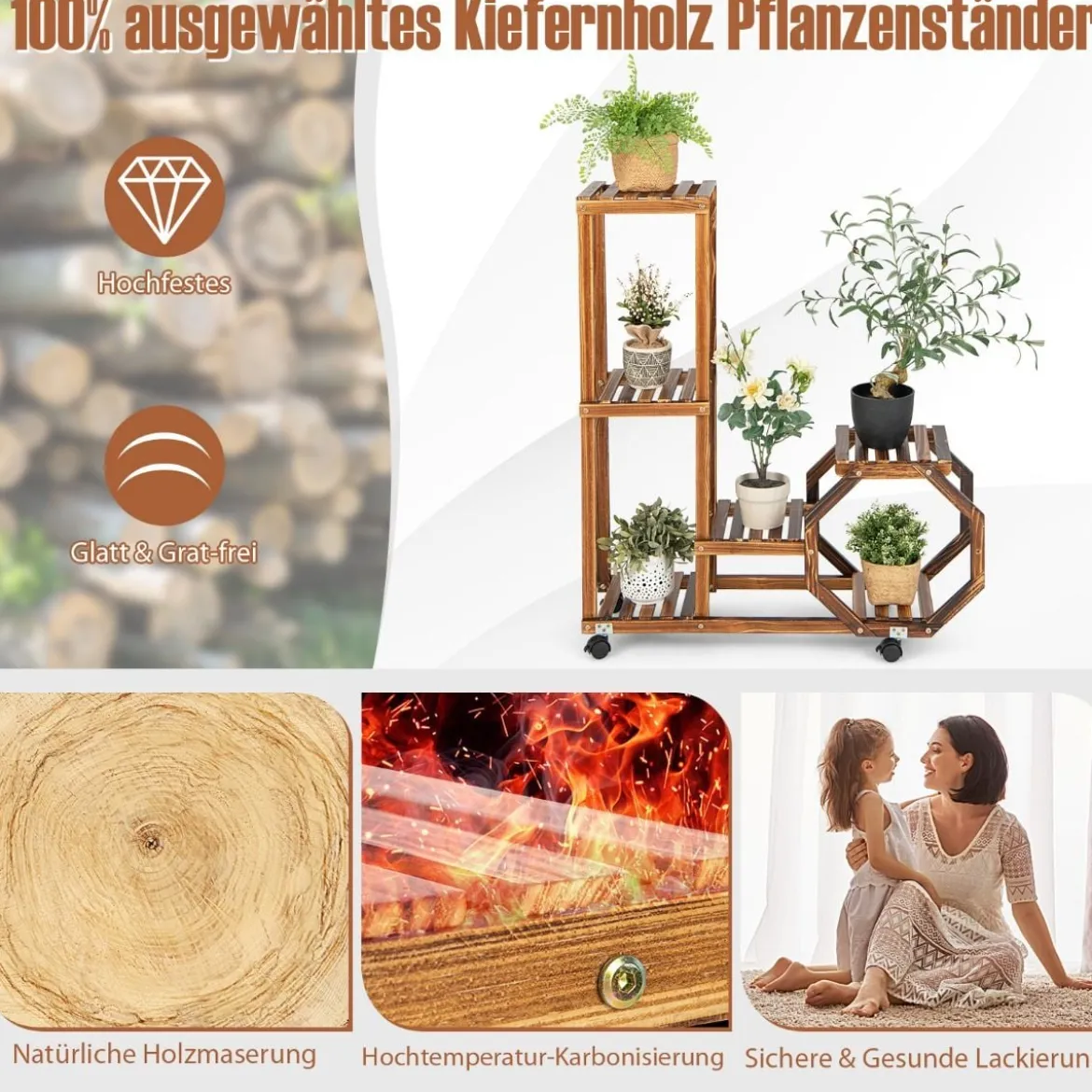 Pflanzenständer mit Feststellbaren und Abnehmbaren Rädern 107 x 29 x 74 cm Natur
