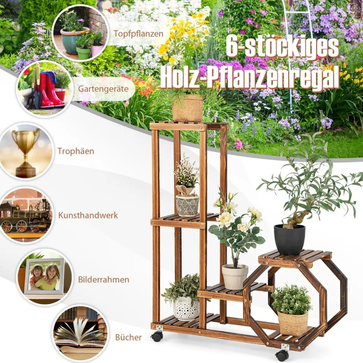 Pflanzenständer mit Feststellbaren und Abnehmbaren Rädern 107 x 29 x 74 cm Natur
