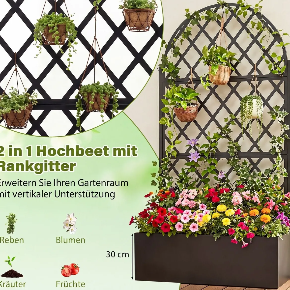Pflanzkasten mit Rankgitter Sichtschutz mit Blumenkasten & Ablauflöchern aus Metall 90 x 40 x 180 cm Schwarz