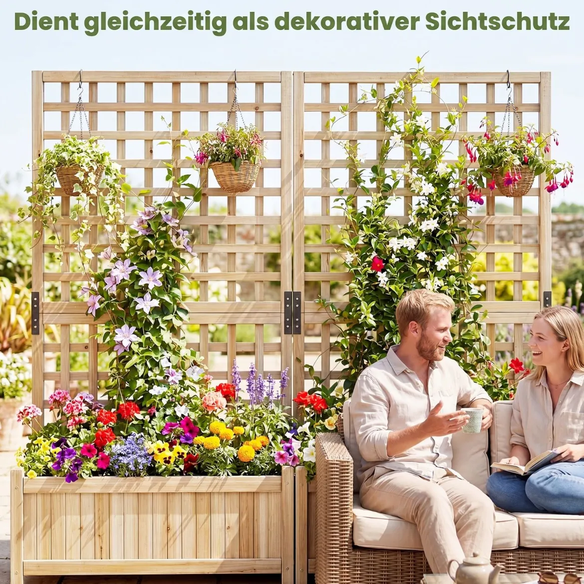 Pflanzkasten mit Rankgitter Hochbeet aus Massives Holz für Blumen & Kletterpflanzen Blumenbeet 76 x 32 x 143 cm