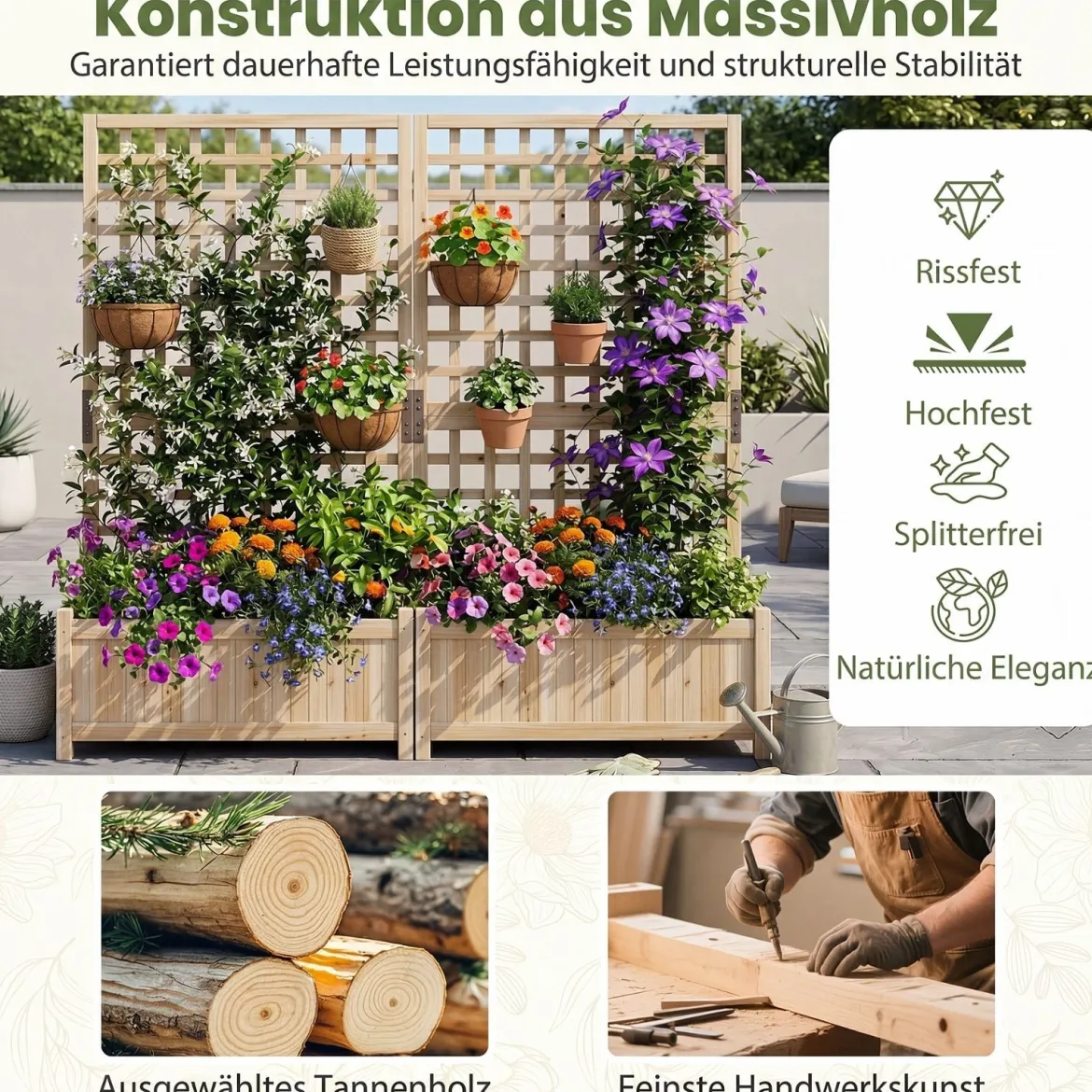 Pflanzkasten mit Rankgitter Hochbeet aus Massives Holz für Blumen & Kletterpflanzen Blumenbeet 76 x 32 x 143 cm