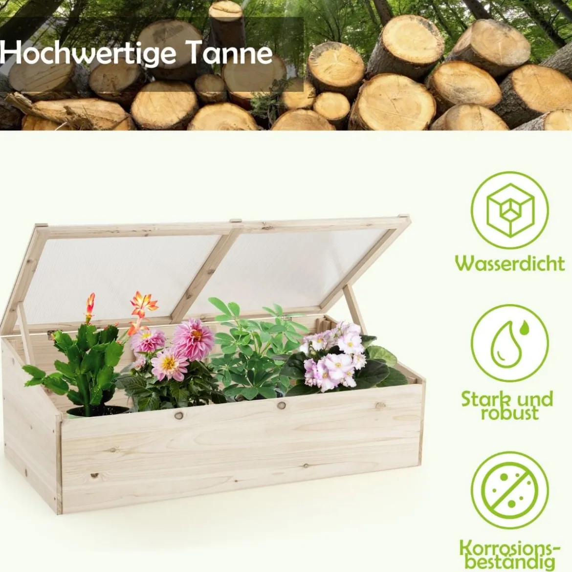 Pflanzkasten 100 x 50 cm Hölzernes Tragbares Gewächshaus Natur