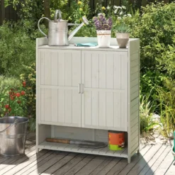 Pflanztisch mit Unterschrank & Arbeitsplatte & Abnehmbaren Regalen Gartenschrank Grau