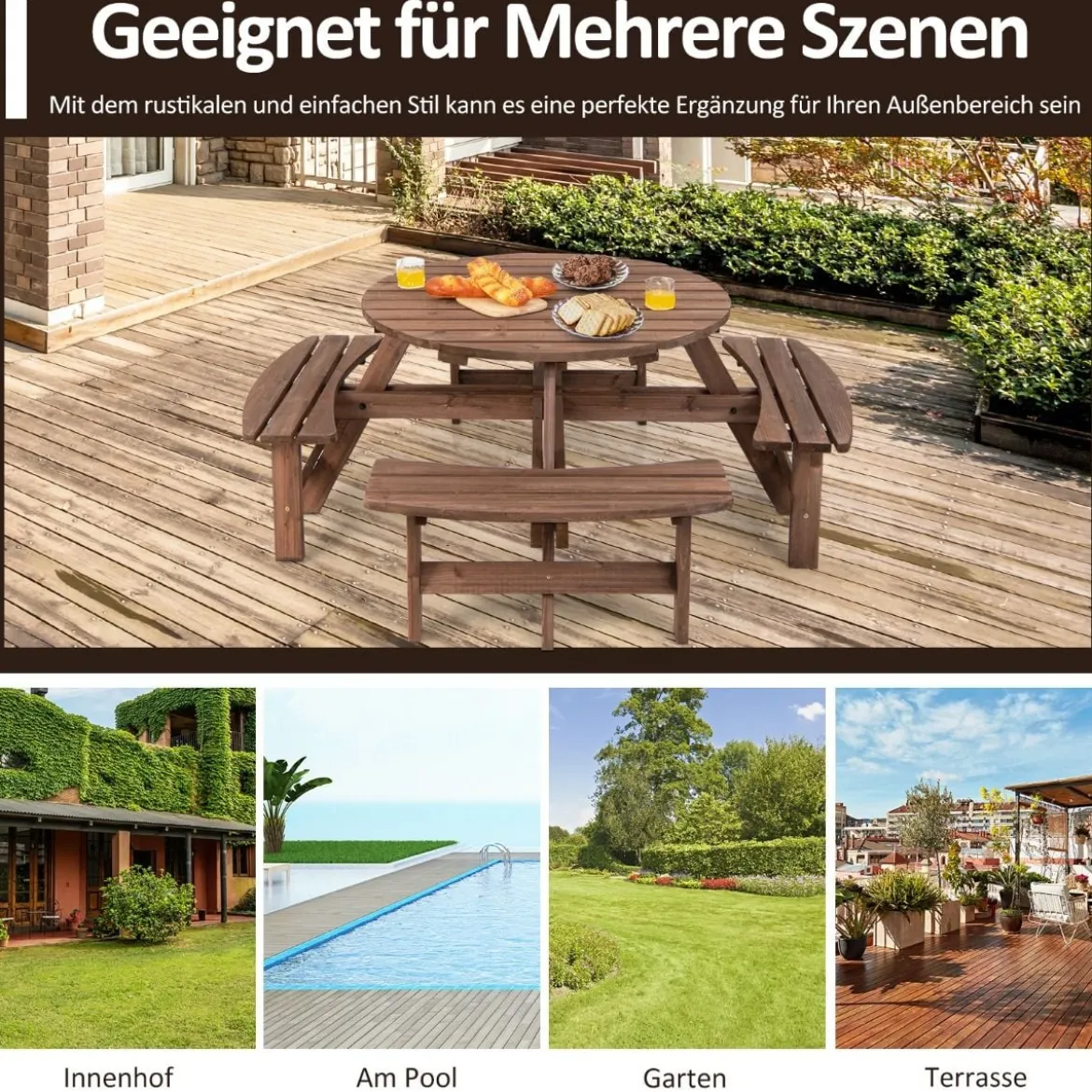 Picknicktisch-Set aus Holz für 8 Personen mit Schirmloch Braun