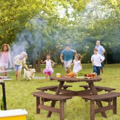 Picknicktisch-Set aus Holz für 8 Personen mit Schirmloch Braun