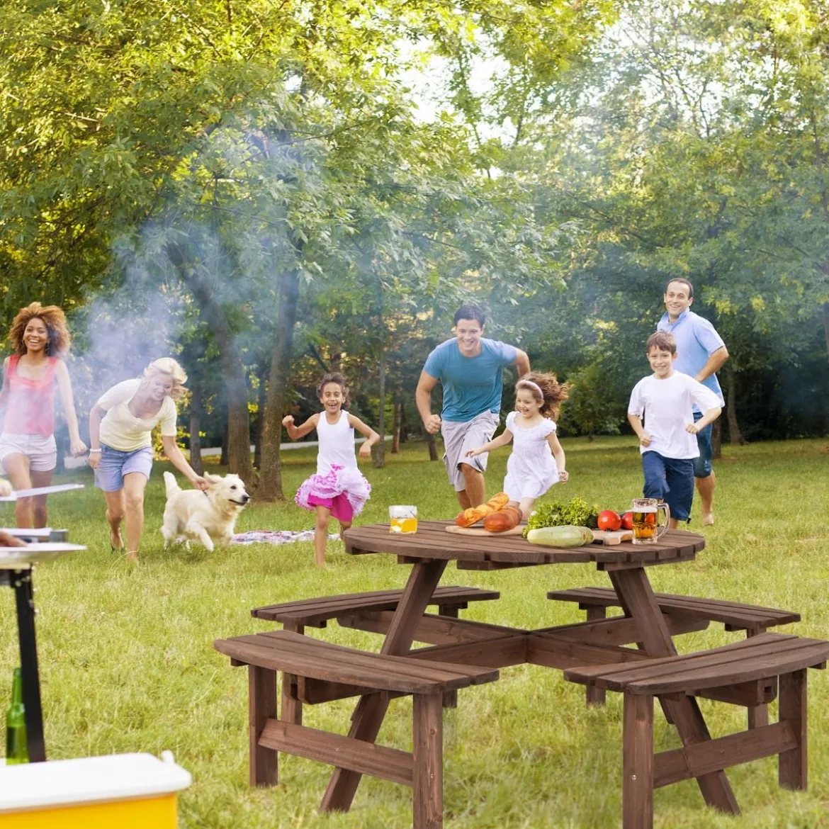 Picknicktisch-Set aus Holz für 8 Personen mit Schirmloch Braun