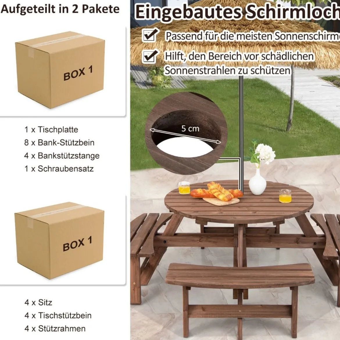 Picknicktisch-Set aus Holz für 8 Personen mit Schirmloch Braun