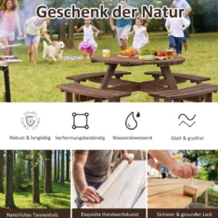Picknicktisch-Set aus Holz für 8 Personen mit Schirmloch Braun
