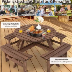 Picknicktisch-Set aus Holz für 8 Personen mit Schirmloch Braun