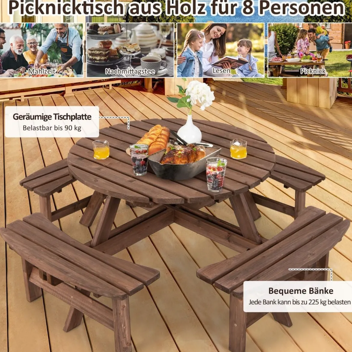 Picknicktisch-Set aus Holz für 8 Personen mit Schirmloch Braun