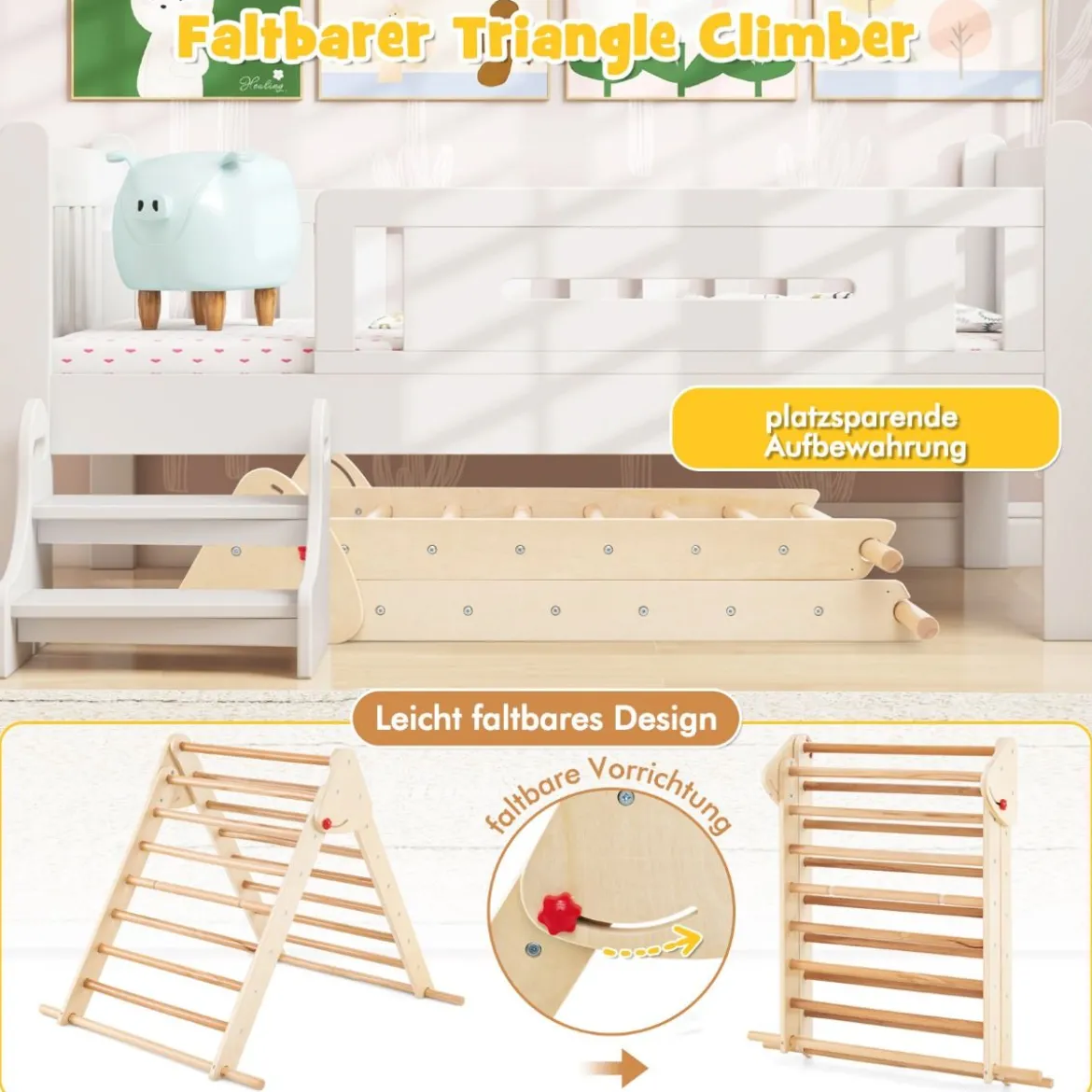 Pikler-Dreieck-Set klappbares Kletterdreieck mit Rutsche und Stangen aus massivem Buchenholz