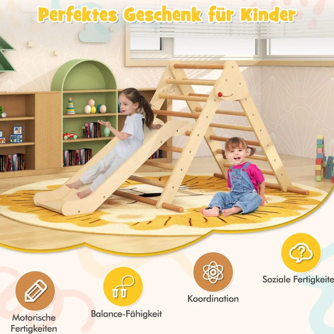 Pikler-Dreieck-Set klappbares Kletterdreieck mit Rutsche und Stangen aus massivem Buchenholz