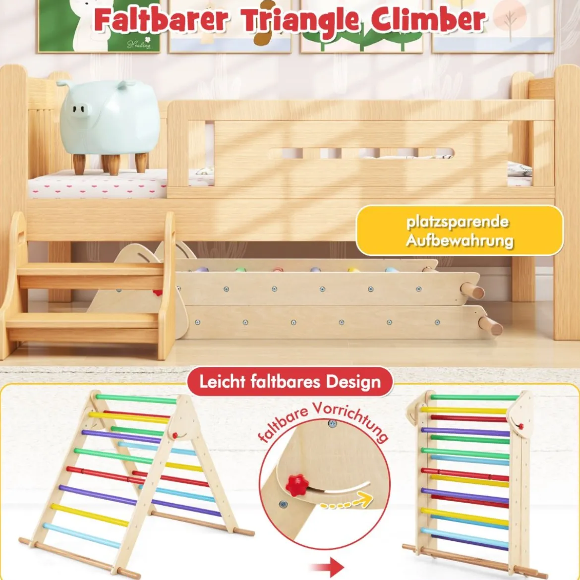 Pikler-Dreieck-Set klappbares Kletterdreieck mit Rutsche und Stangen aus massivem Buchenholz