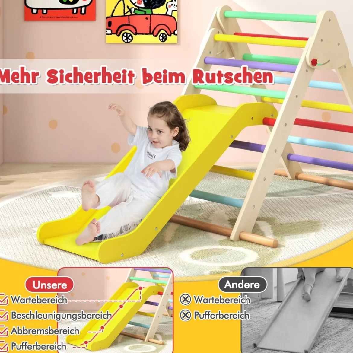 Pikler-Dreieck-Set klappbares Kletterdreieck mit Rutsche und Stangen aus massivem Buchenholz