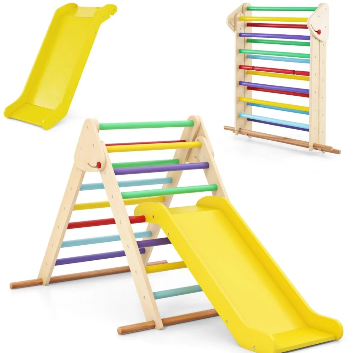 Pikler-Dreieck-Set klappbares Kletterdreieck mit Rutsche und Stangen aus massivem Buchenholz
