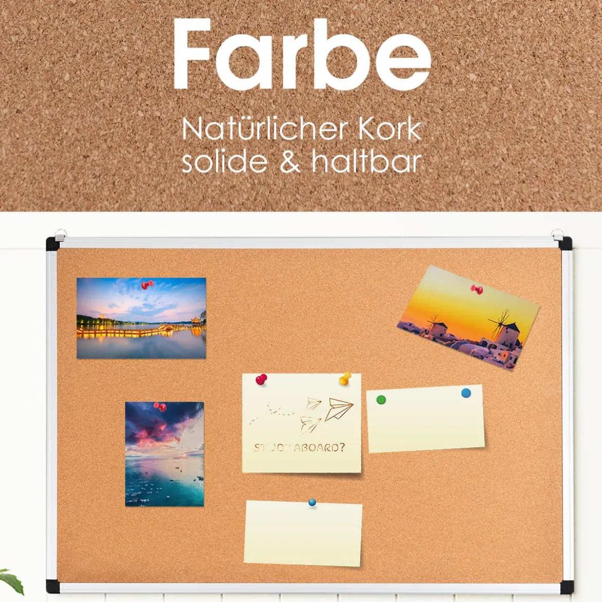 Pinnwand Korkwand Notizbrett Alu Korktafel Wandmontage mit 2 Aufhängehaken 60 x 90 cm