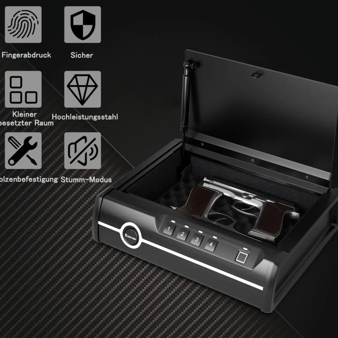 Pistolensafe Pistolensafe mit biometrischem Fingerabdrucks-Schloss & Passwort & Schlüssel Schwerer Stahl