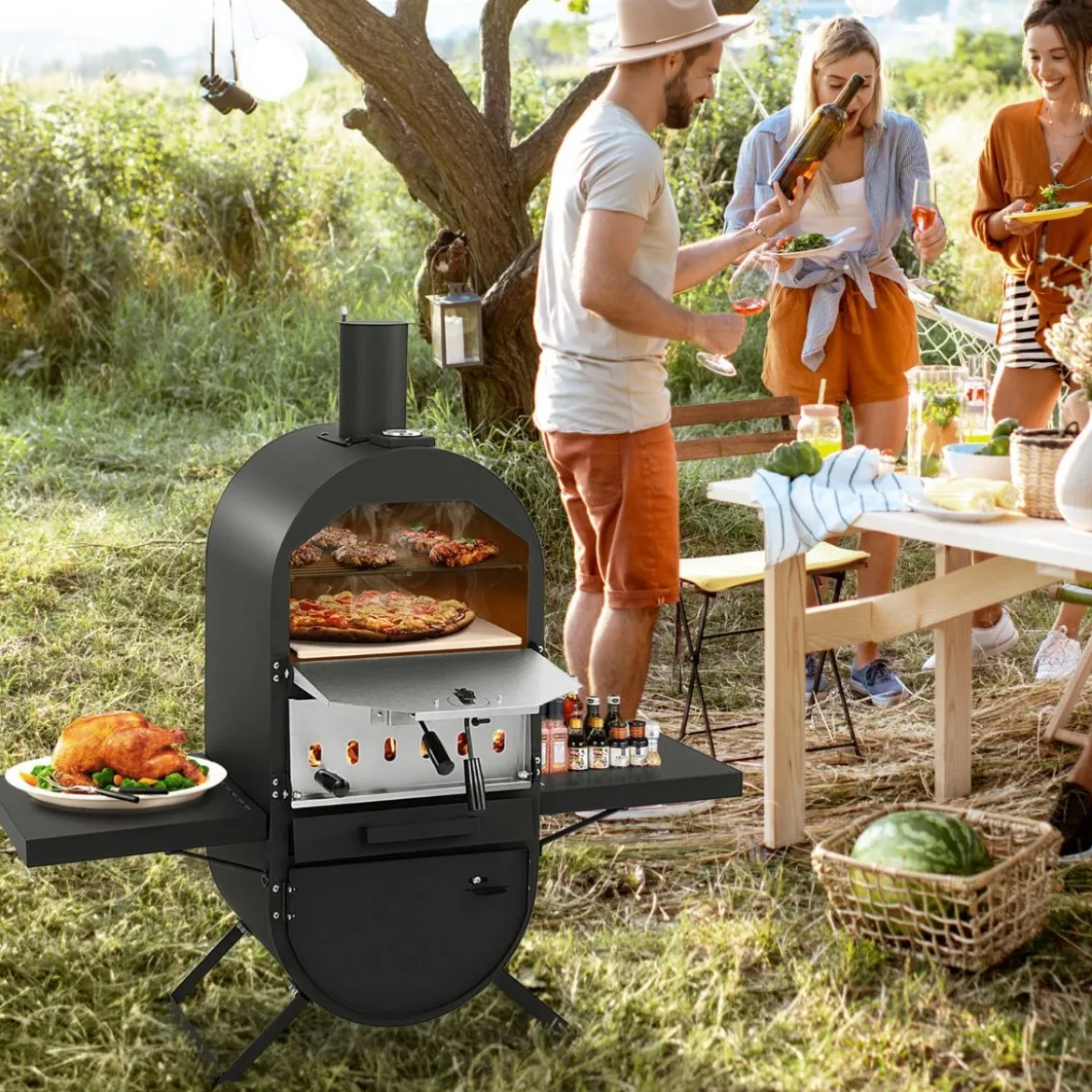 Pizzaofen Outdoor Pizzaofen mit Seitenablagen Grillrost aus Edelstahl Pizzaschaufel für Garten