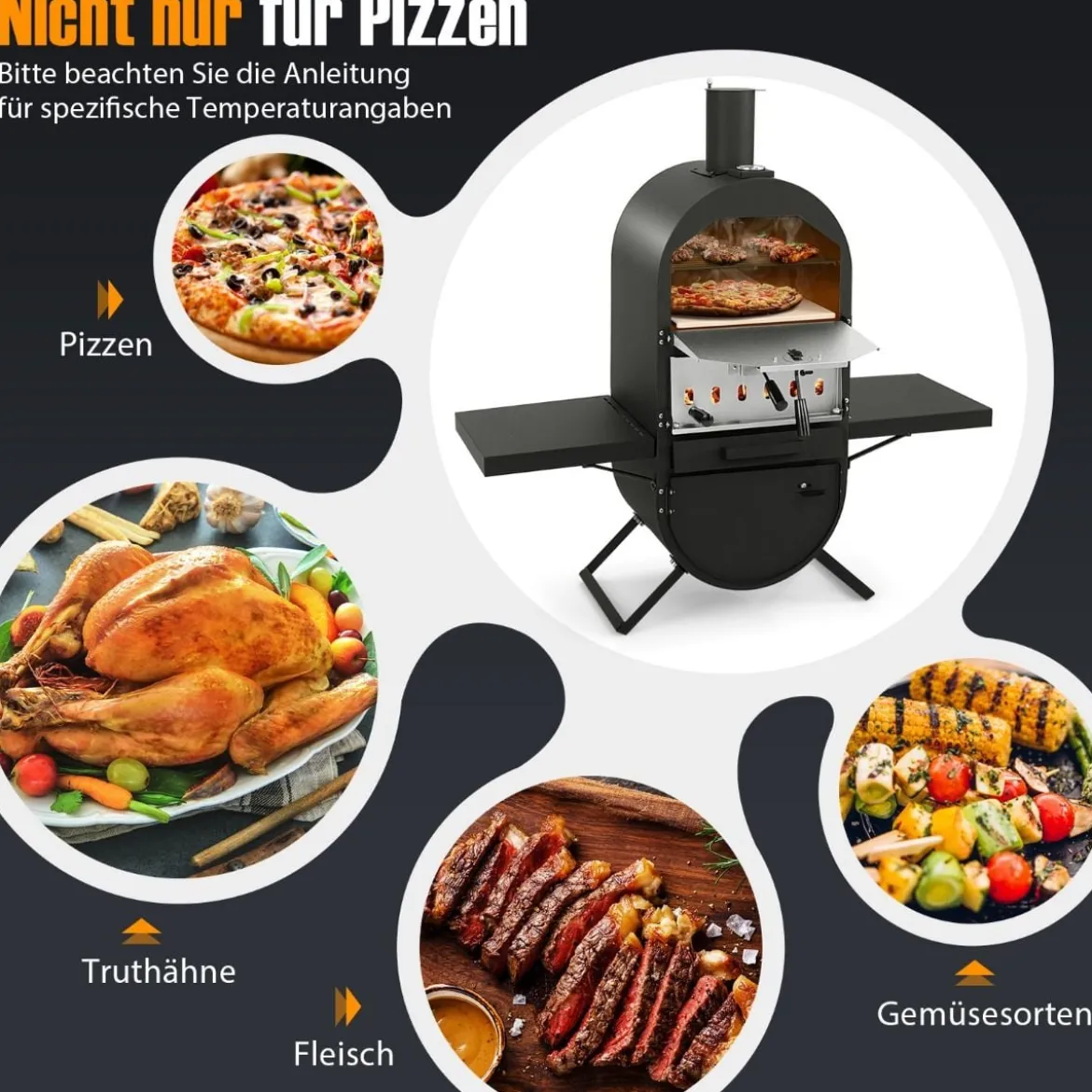 Pizzaofen Outdoor Pizzaofen mit Seitenablagen Grillrost aus Edelstahl Pizzaschaufel für Garten