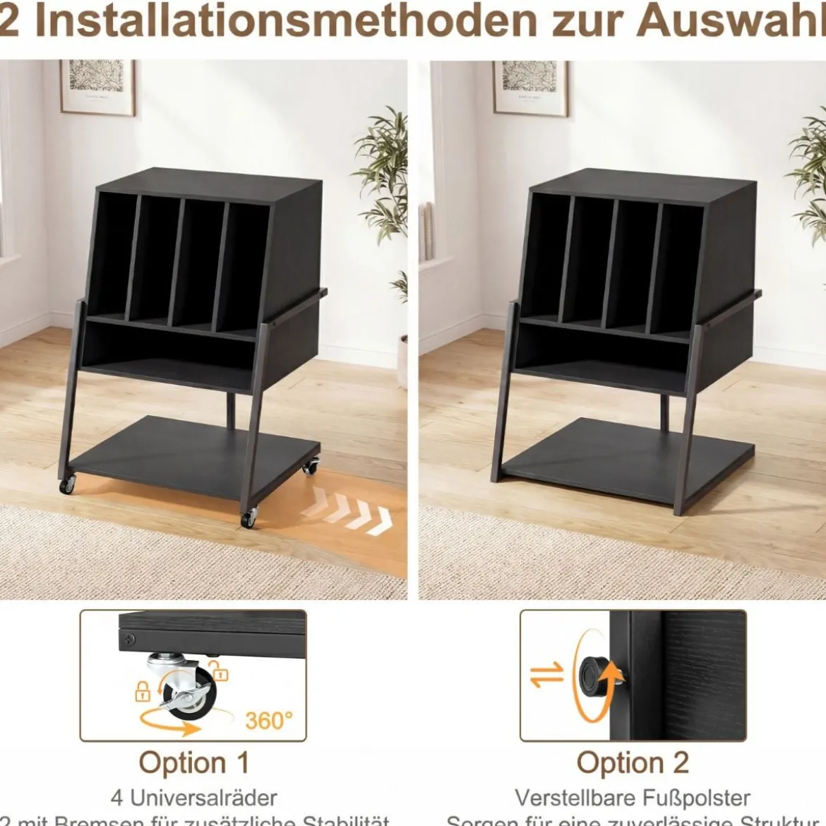 Plattenspielerständer mit Breite Tischplatte & 4 Trennwänden Vinyl Schallplattentisch Schwarz