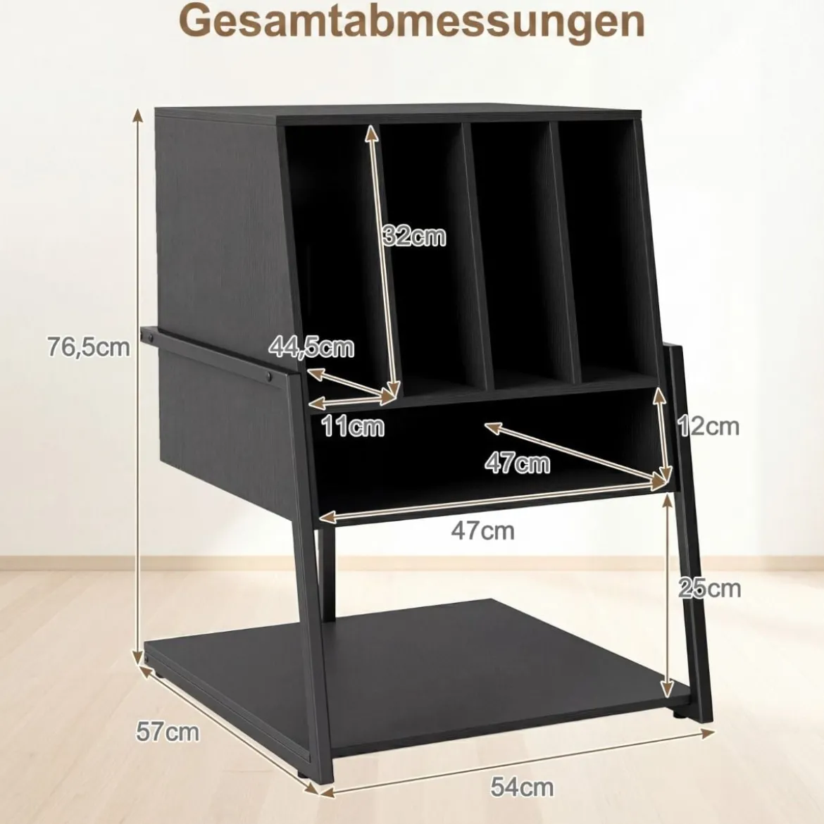Plattenspielerständer mit Breite Tischplatte & 4 Trennwänden Vinyl Schallplattentisch Schwarz