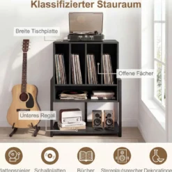 Plattenspielerständer mit Breite Tischplatte & 4 Trennwänden Vinyl Schallplattentisch Schwarz