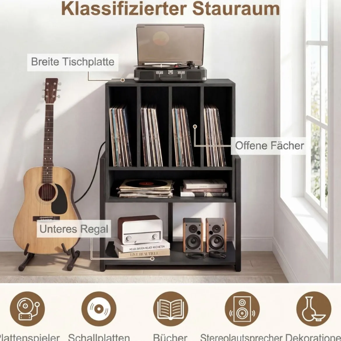 Plattenspielerständer mit Integrierter Ladestation & 4 Trennwänden Vinyl Schallplattentisch Schwarz