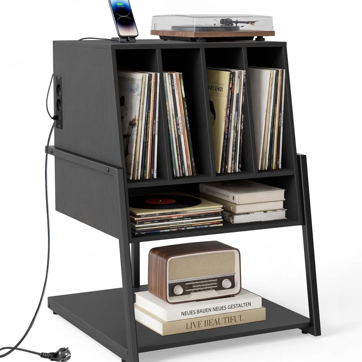 Plattenspielerständer mit Integrierter Ladestation & 4 Trennwänden Vinyl Schallplattentisch Schwarz