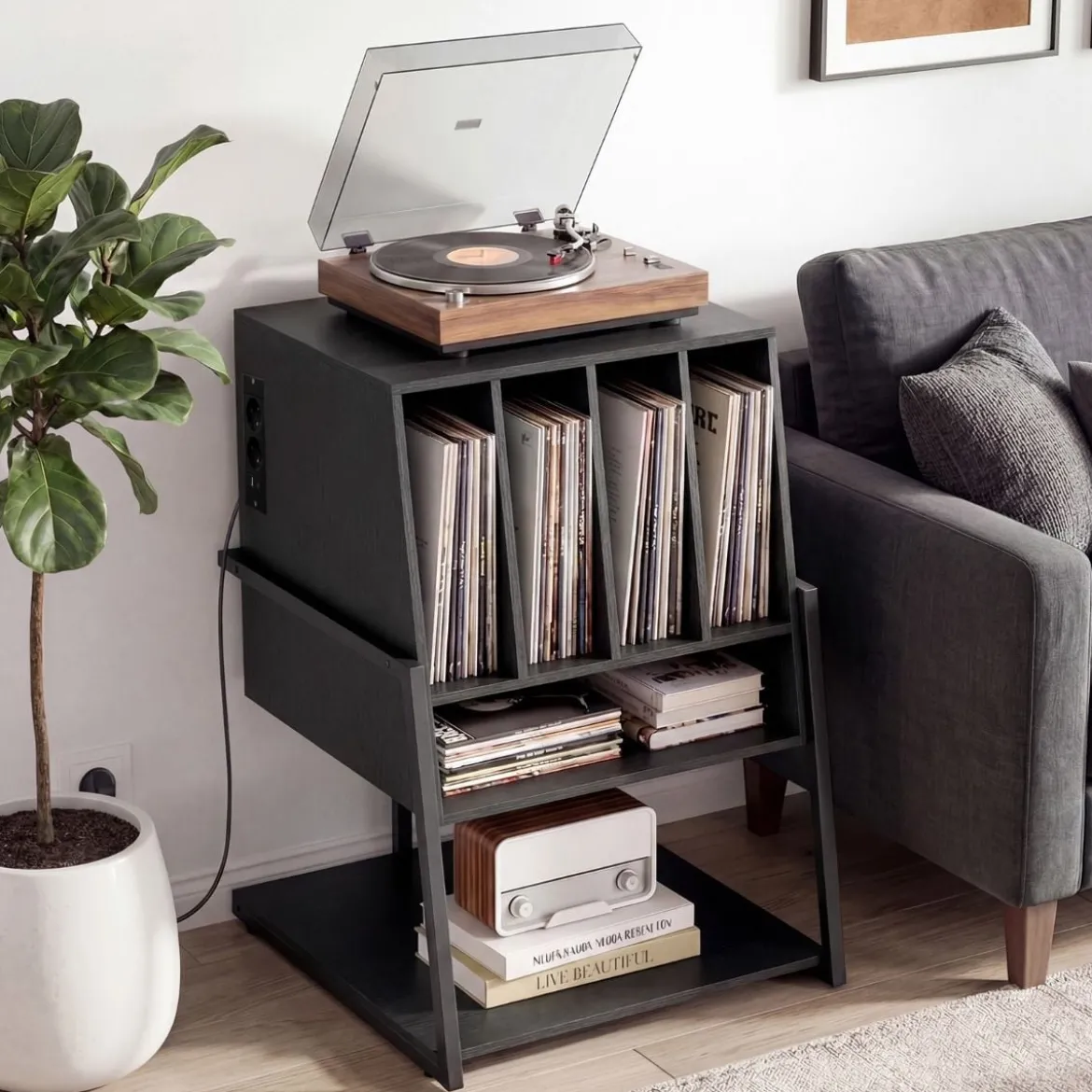 Plattenspielerständer mit Integrierter Ladestation & 4 Trennwänden Vinyl Schallplattentisch Schwarz