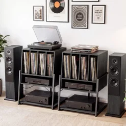 Plattenspielerständer mit Integrierter Ladestation & 4 Trennwänden Vinyl Schallplattentisch Schwarz