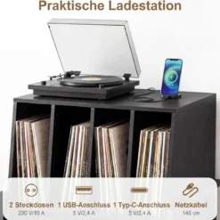 Plattenspielerständer mit Integrierter Ladestation & 4 Trennwänden Vinyl Schallplattentisch Schwarz
