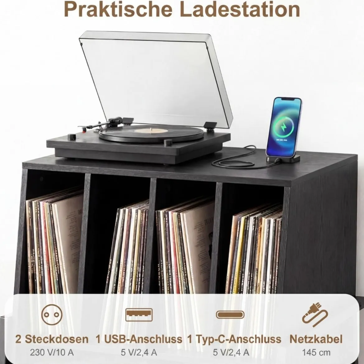 Plattenspielerständer mit Integrierter Ladestation & 4 Trennwänden Vinyl Schallplattentisch Schwarz
