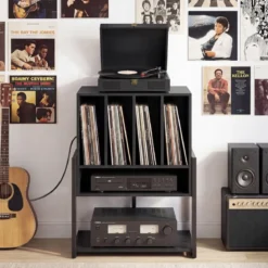 Plattenspielerständer mit Integrierter Ladestation & 4 Trennwänden Vinyl Schallplattentisch Schwarz