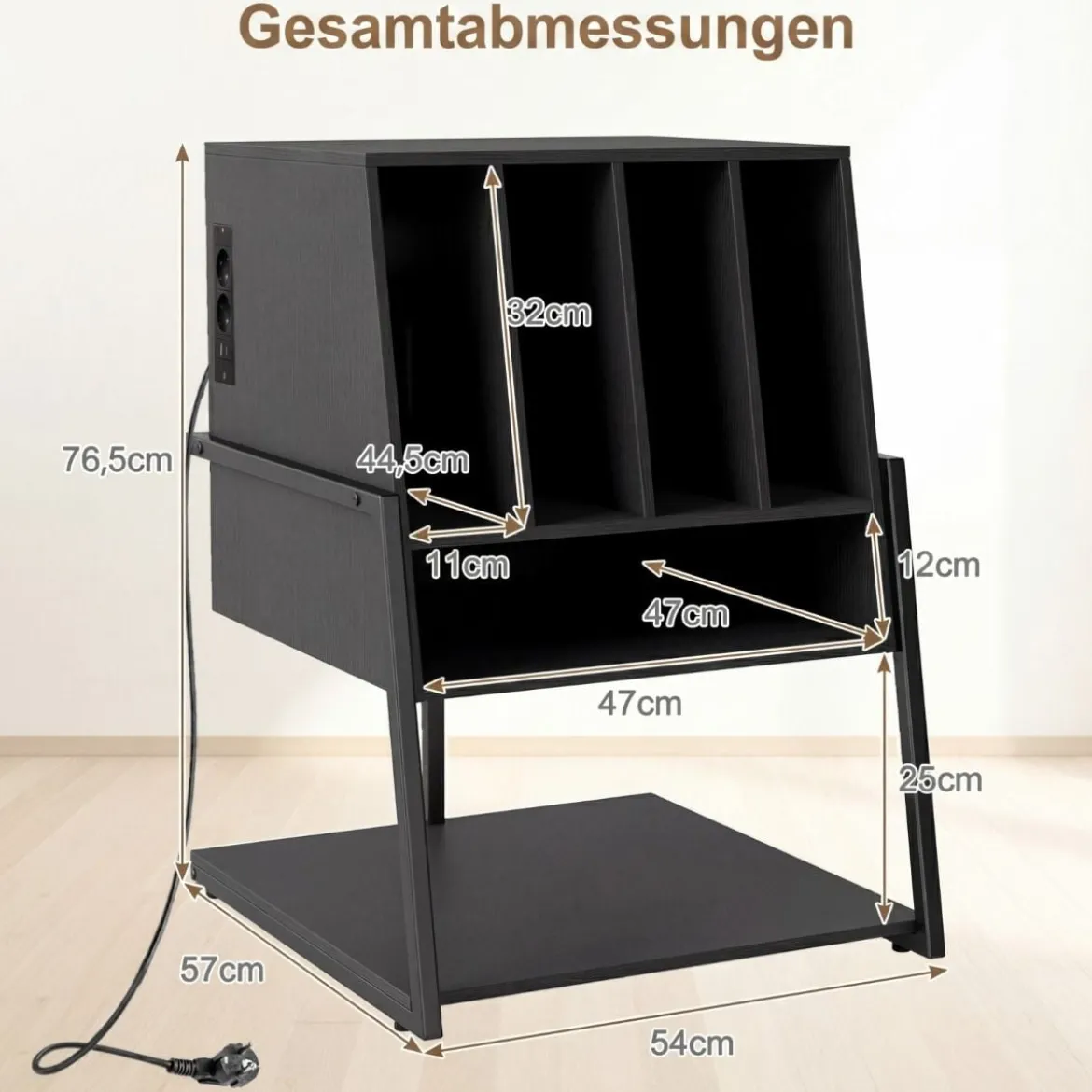 Plattenspielerständer mit Integrierter Ladestation & 4 Trennwänden Vinyl Schallplattentisch Schwarz
