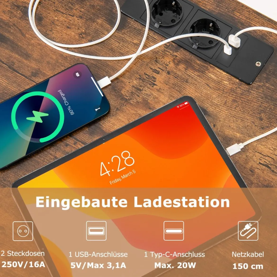 Plattenspieler Ständer mit Integrierter Ladestation Schallplattenständer Mittelalter Beistelltisch