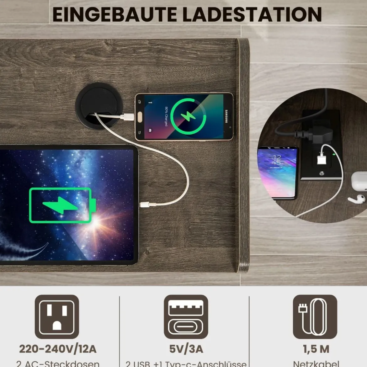 Plattenspieler-Ständer mit Ladestation & 4 Offenen Ablagen Vinylplatten Plattenspielertisch Vintage/Grau